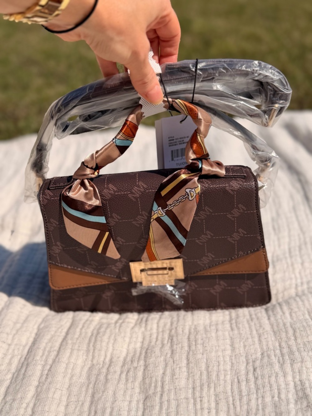 Nicole Miller Brown Satchel with Multicolor Scarf Accent